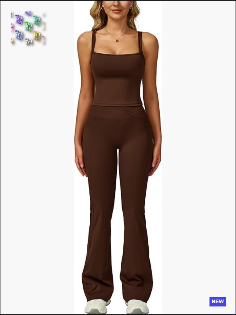 Women's 2-Piece Square Neck Tank & Butt-Lifting Flare Leggings With Pockets